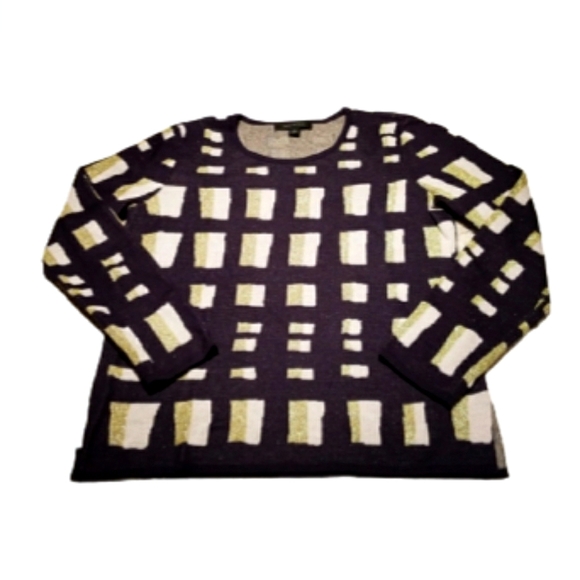 Ann Taylor Sweaters - Ann Taylor Blue White Gold Light Weight Wool Blend Check Print Sweater Size S